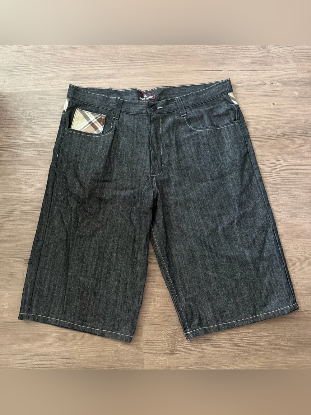 Red Ape Men’s 40 Baggy Denim Jorts Y2K Hip Hop Plaid Dark Wash Shorts
